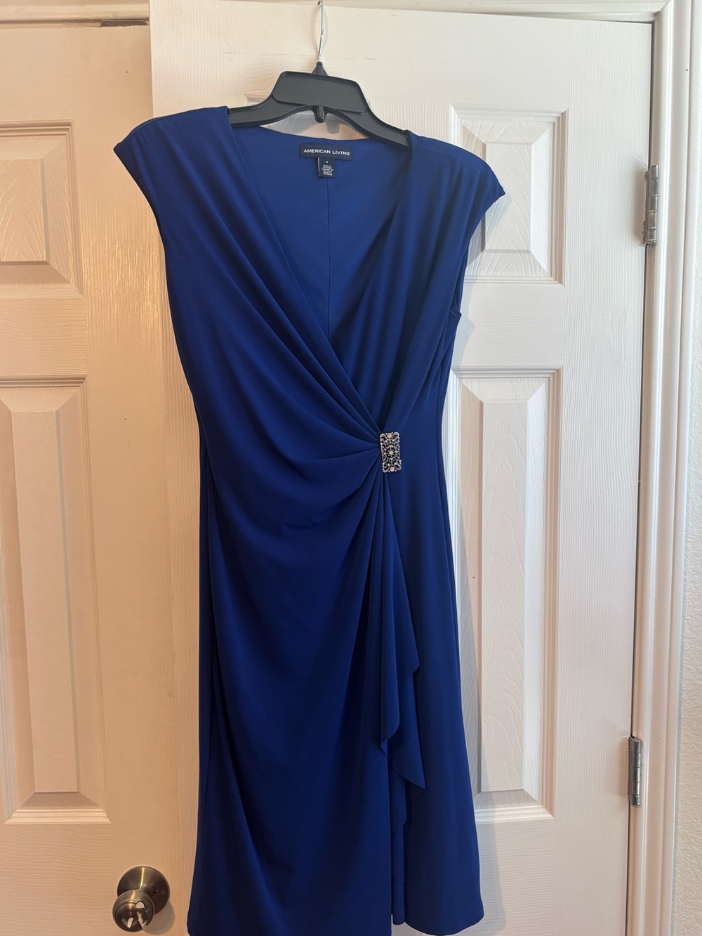American Living Cobalt Blue Draped V-Neck Midi Dress with Brooch